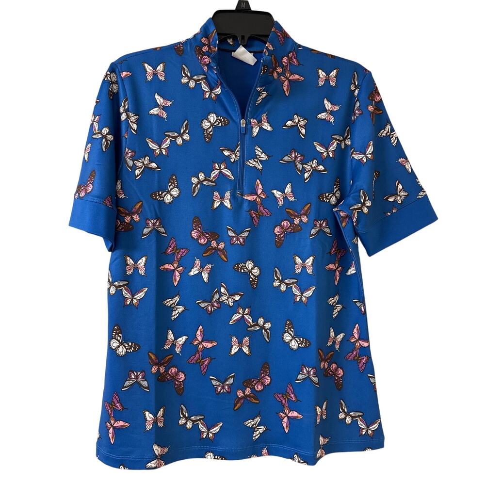 NWT Callaway Omni-dri Medium Short Sleeve 1/4 Zip Golf Shirt Blue W Butterflies